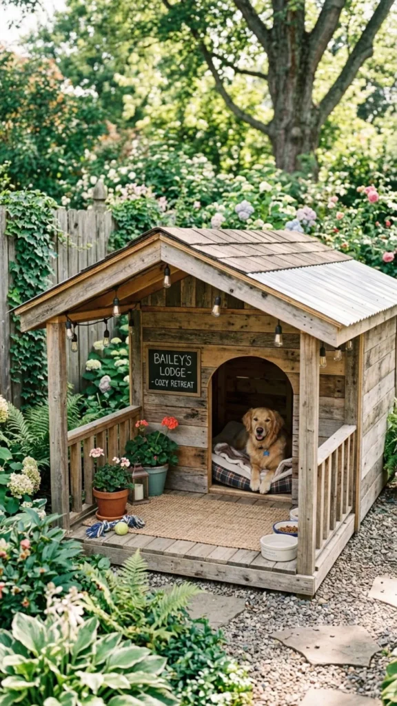 DIY pallet wood dog house with covered porch and cozy rustic design for an outdoor dog retreat