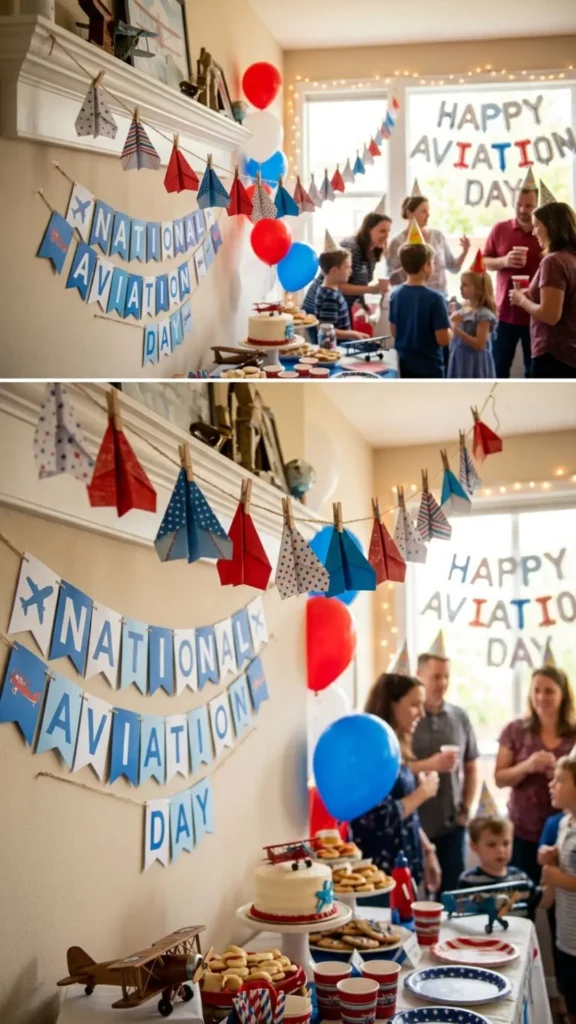 Handmade paper airplane garland for National Aviation Day decor.