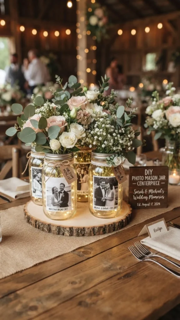 Personalized mason jars featuring favorite photos, flowers, and fairy lights create heartfelt wedding centerpieces.