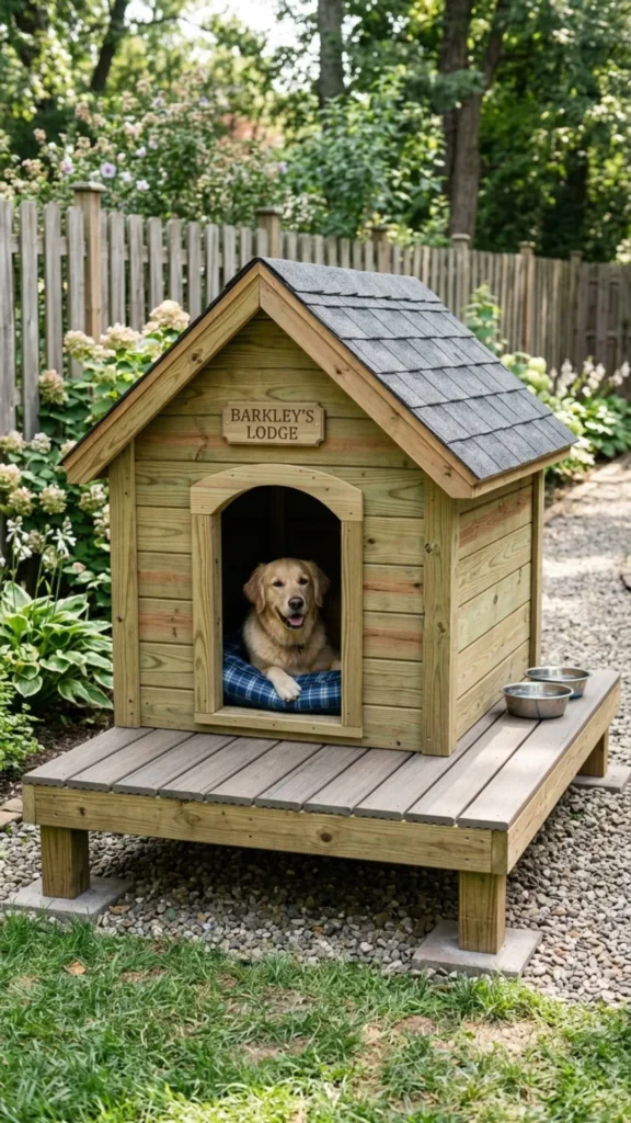 DIY pressure-treated lumber dog house with durable raised platform base for a sturdy outdoor shelter
