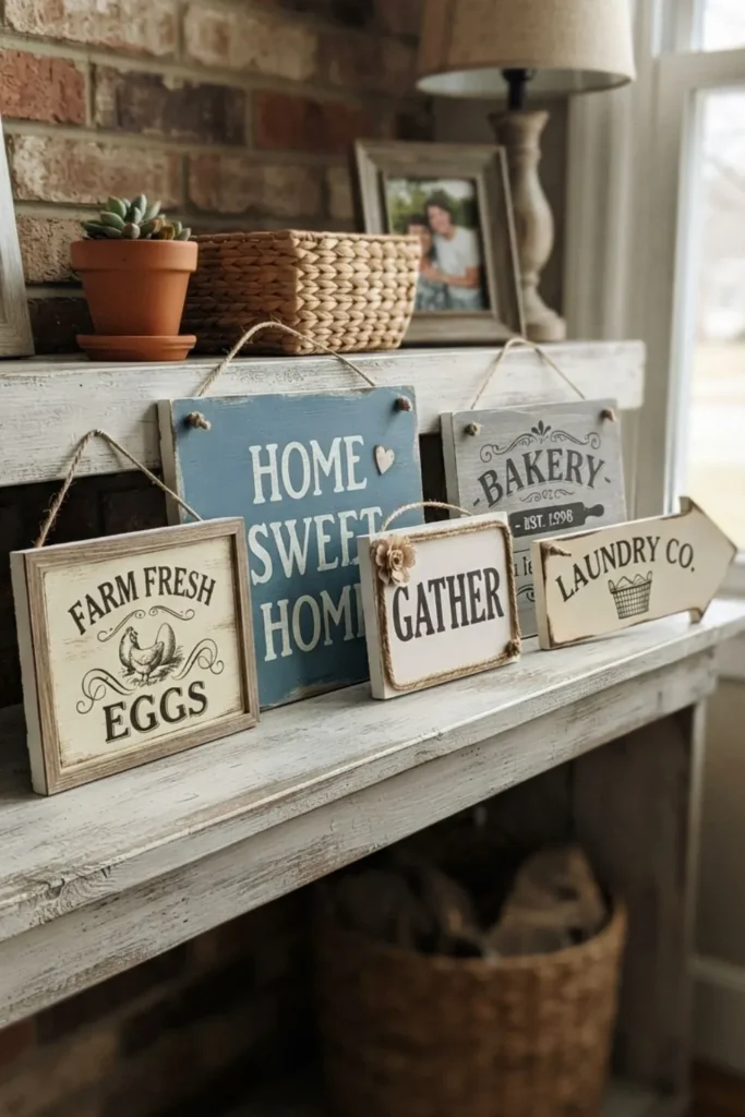 Rustic vintage-style foam board sign with distressed paint and decorative lettering.
