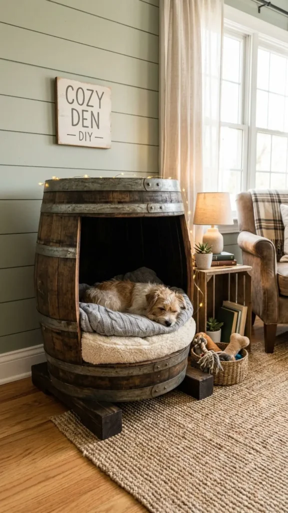 DIY wine barrel dog bed with cozy interior creating a Pinterest-worthy rustic dog den
