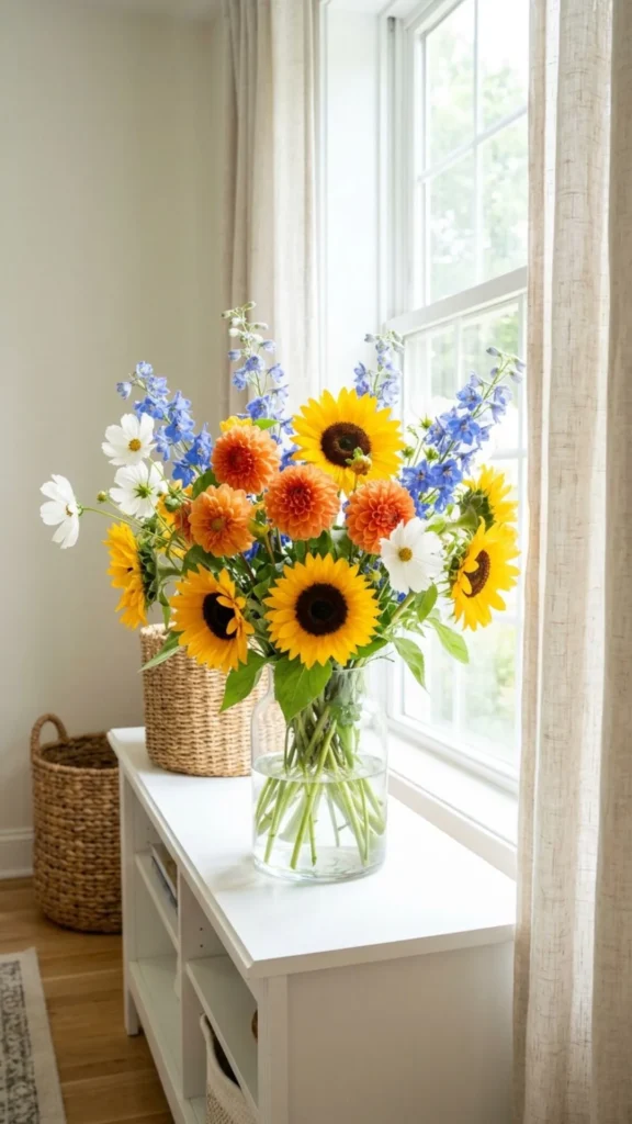 Colorful summer flowers brightening a stylish home interior.