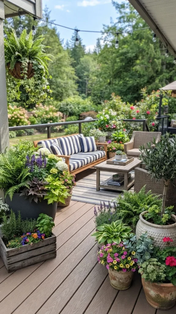 Decorative planters filled with vibrant flowers and fresh summer greenery.