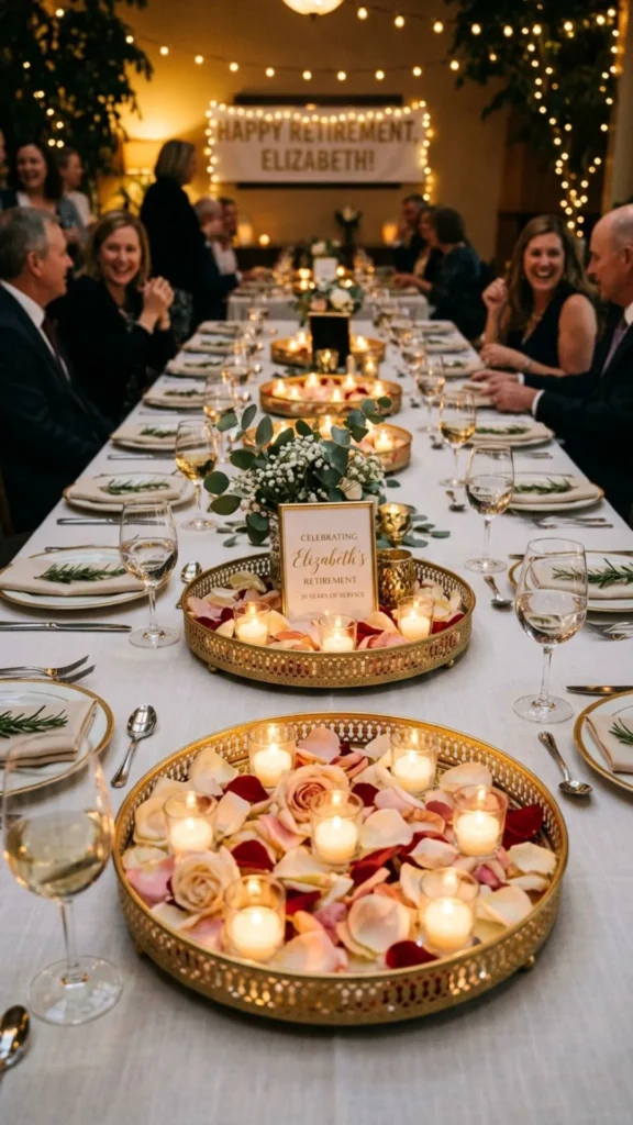 Elegant decorative tray centerpiece with tea lights and flower petals for retirement celebrations.