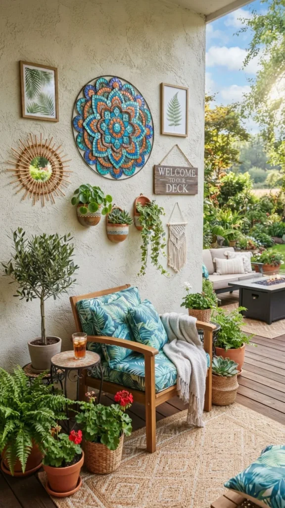 Outdoor wall art adding personality and style to a beautiful deck.