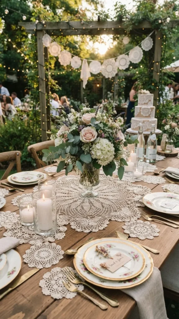 Vintage doilies wrapped around mason jars add delicate texture and classic wedding charm.