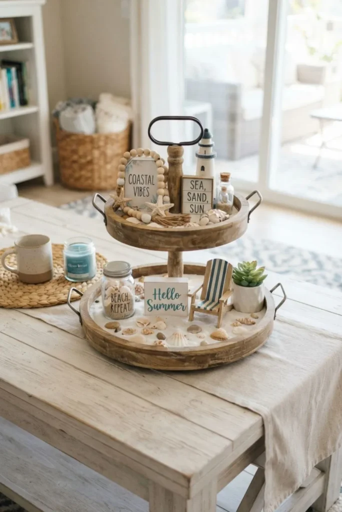 Coastal beach tray centerpiece styled with sand, shells, candles, and nautical decor.