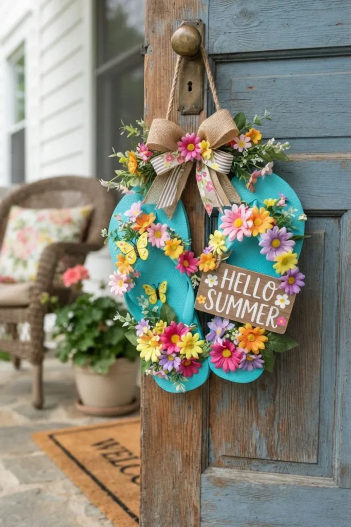 Floral flip-flop door hanger decorated with colorful blooms and ribbons for summer.