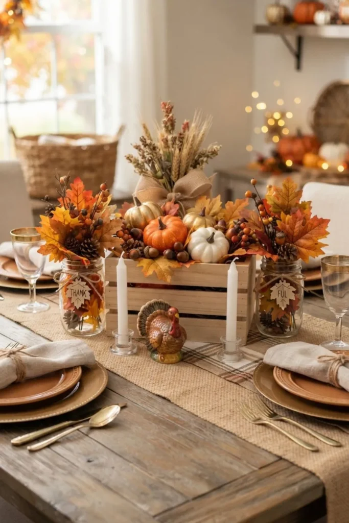 Simple Thanksgiving centerpiece with faux pumpkins, autumn leaves, and rustic candles.