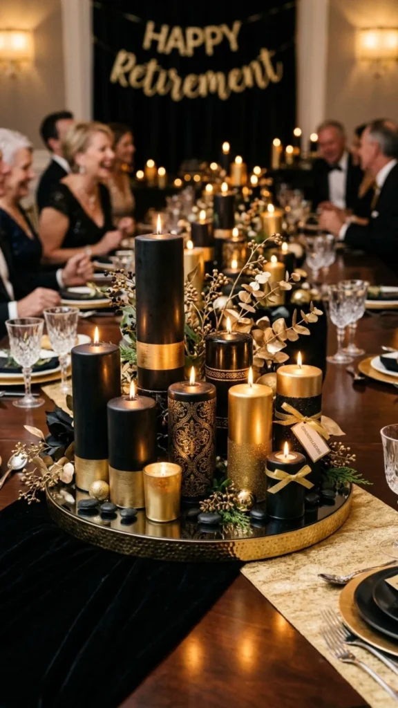Luxurious black and gold candle centerpiece for a sophisticated retirement celebration.