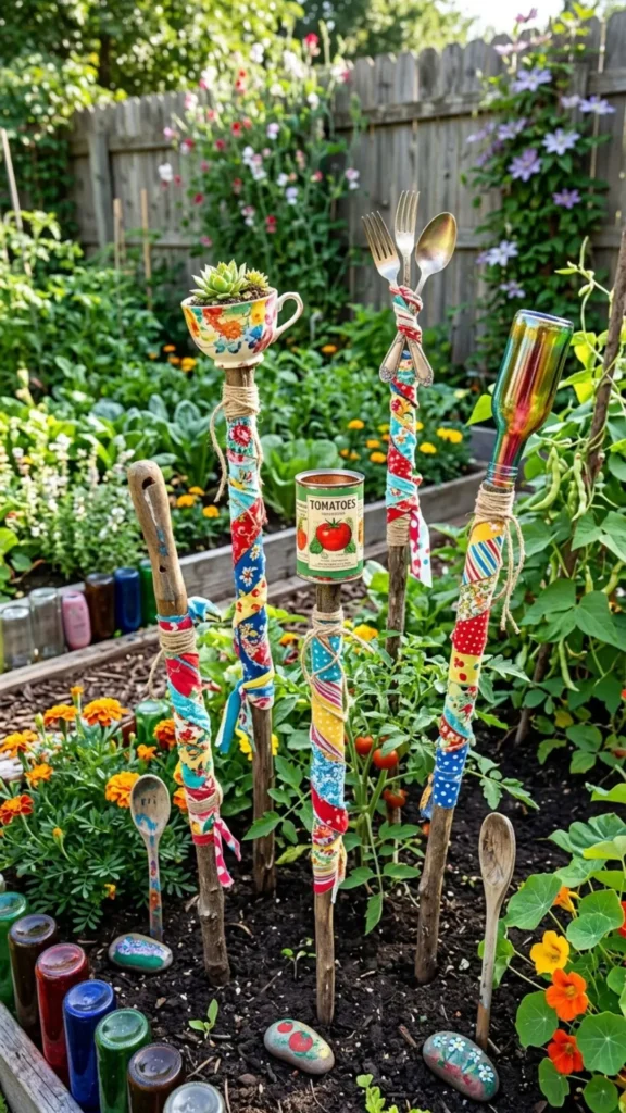Unique fabric-covered garden stakes decorated with colorful scraps for creative outdoor garden styling.