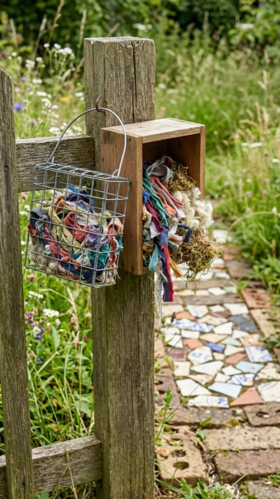 Creative fabric scrap bird nests providing cozy nesting materials while adding charm to the garden.