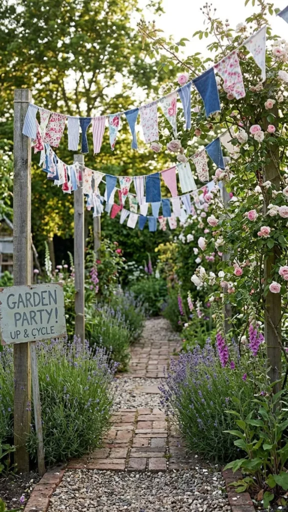 Fabric scrap bunting creating a charming and colorful upcycled garden decor display for outdoor spaces.