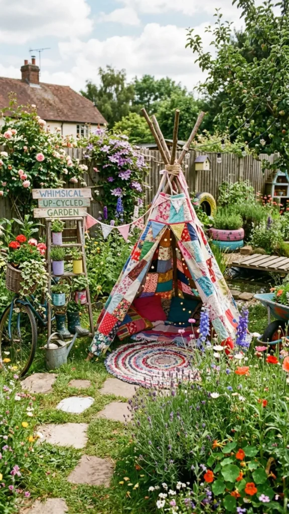 Whimsical fabric scrap garden teepee creating a playful and colorful outdoor space for relaxing.
