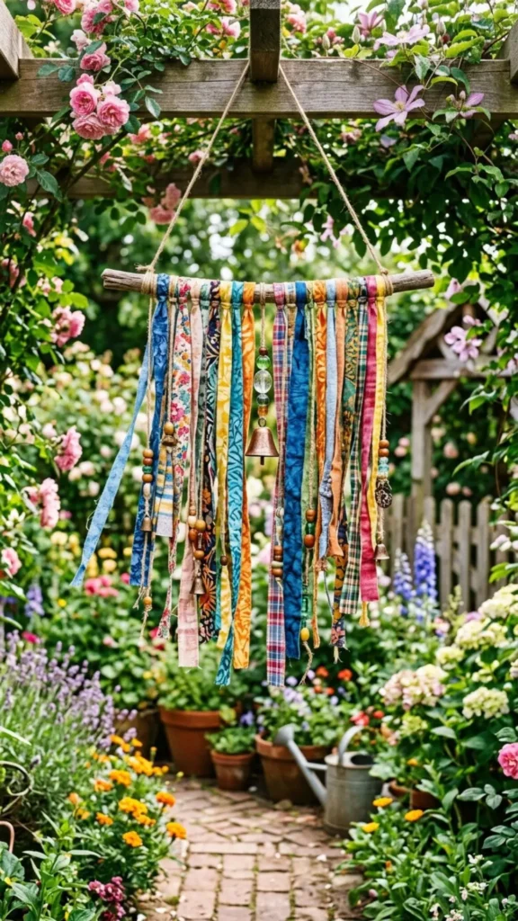 Colorful fabric scrap wind chime adding playful movement and creative charm to an outdoor garden.