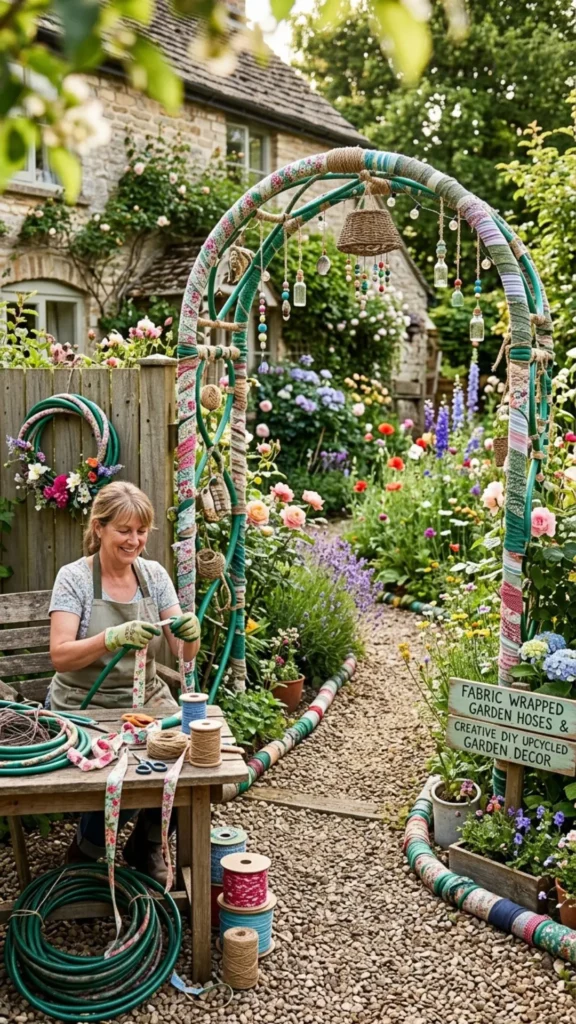 Creative fabric-wrapped garden hoses using colorful scraps to make outdoor gardening tools more decorative.