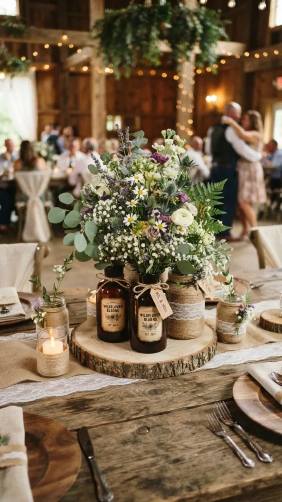 Dark glass mason jars wrapped in twine create a rich farmhouse-inspired wedding centerpiece.