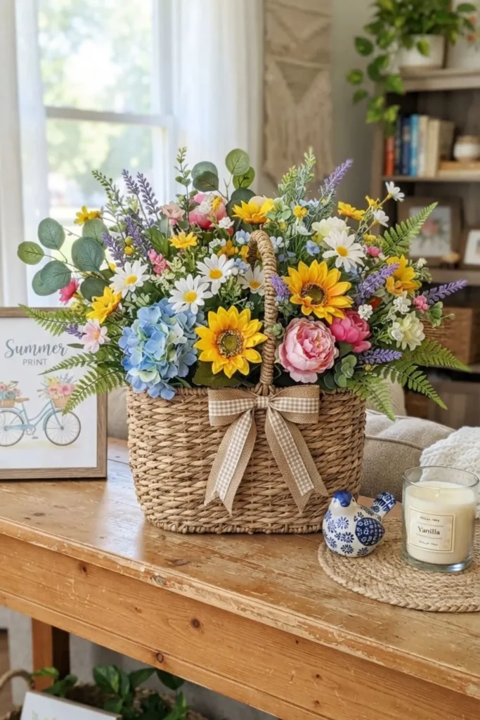 Woven basket filled with vibrant faux flowers for cheerful summer home decoration.
