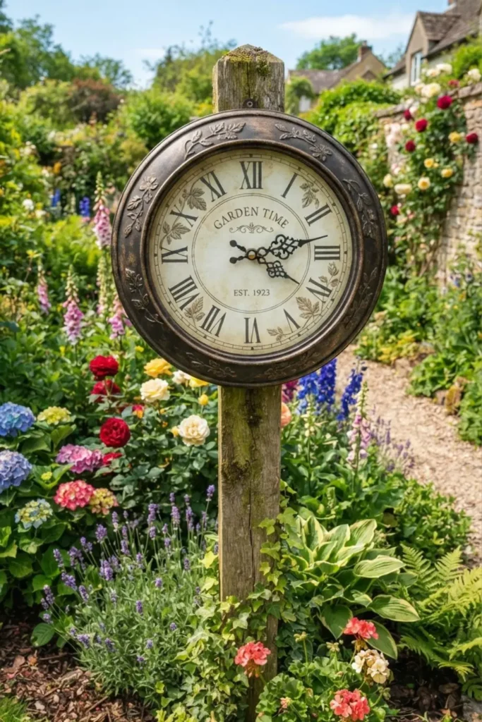 Distressed faux garden clock decorating a charming cottage wall.