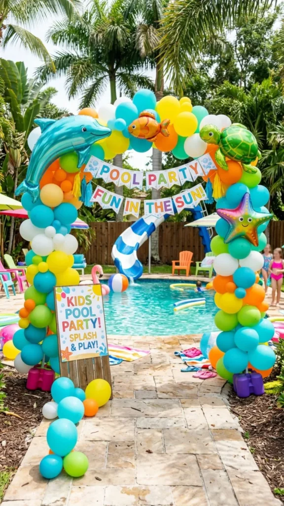 Festive balloon arch for a kids’ pool party