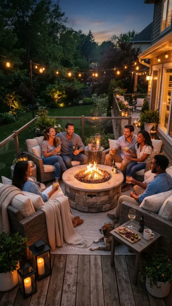 Cozy fire pit surrounded by comfortable seating for summer evenings.