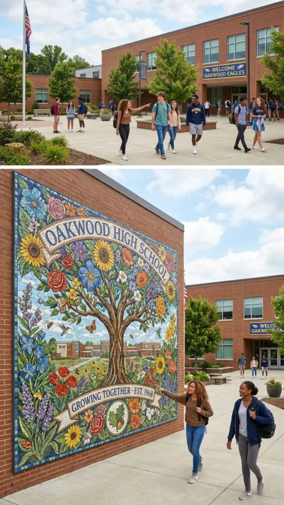 Colorful floral mosaic creating a cheerful and inspiring school wall.