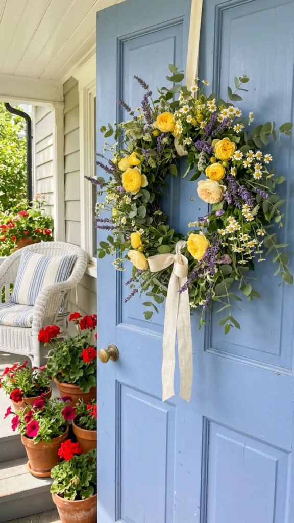Beautiful floral wreaths adding fresh seasonal charm and romantic cottage style summer decor indoors.