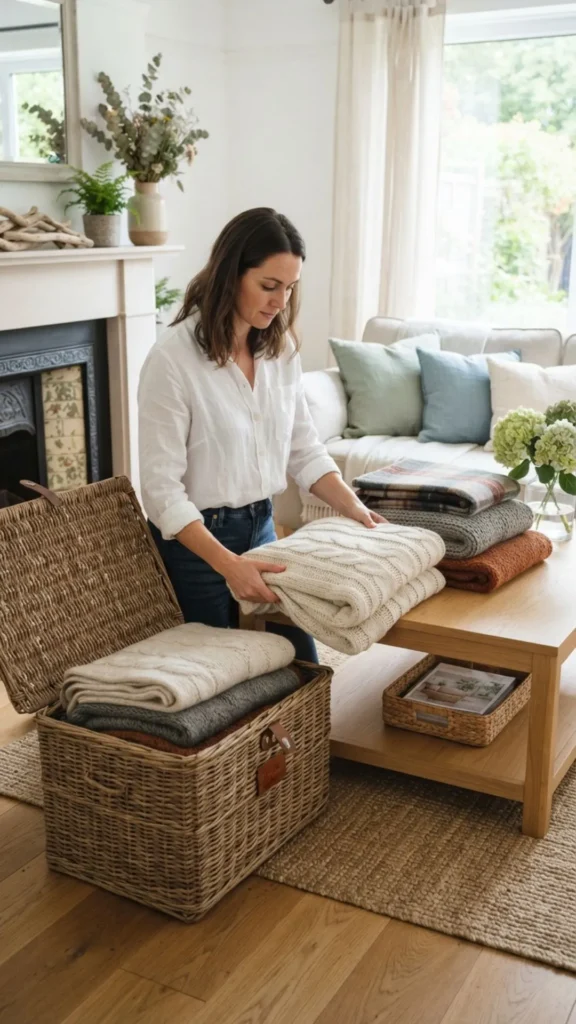 Lightweight summer throw replacing bulky blankets in a cozy living room.