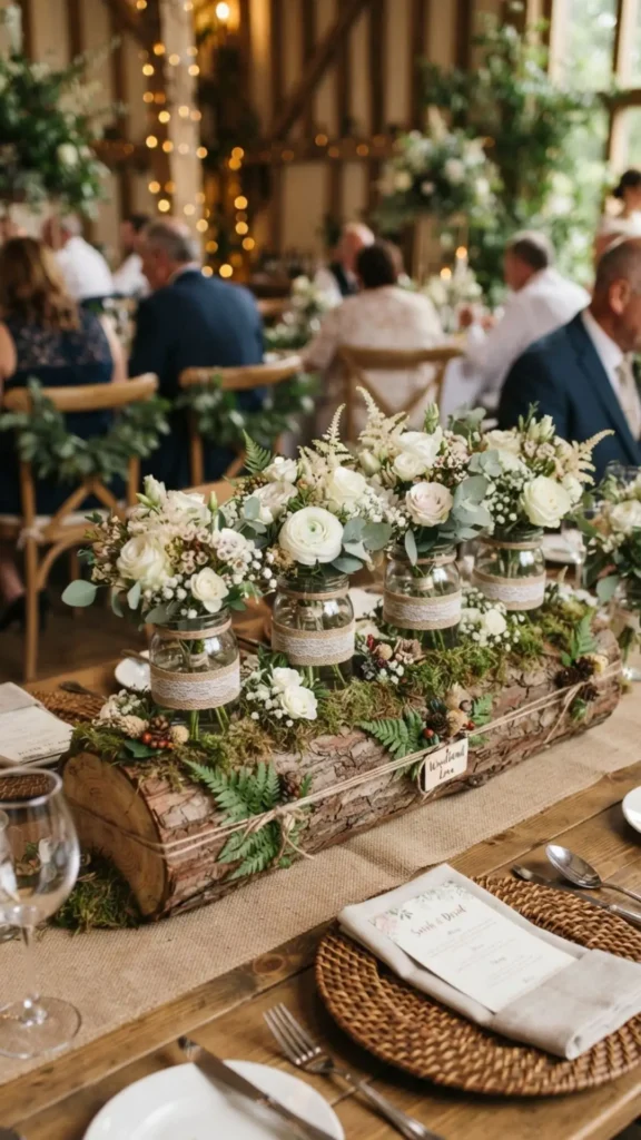 Four mason jars displayed on a rustic log with flowers create a beautiful woodland wedding centerpiece.
