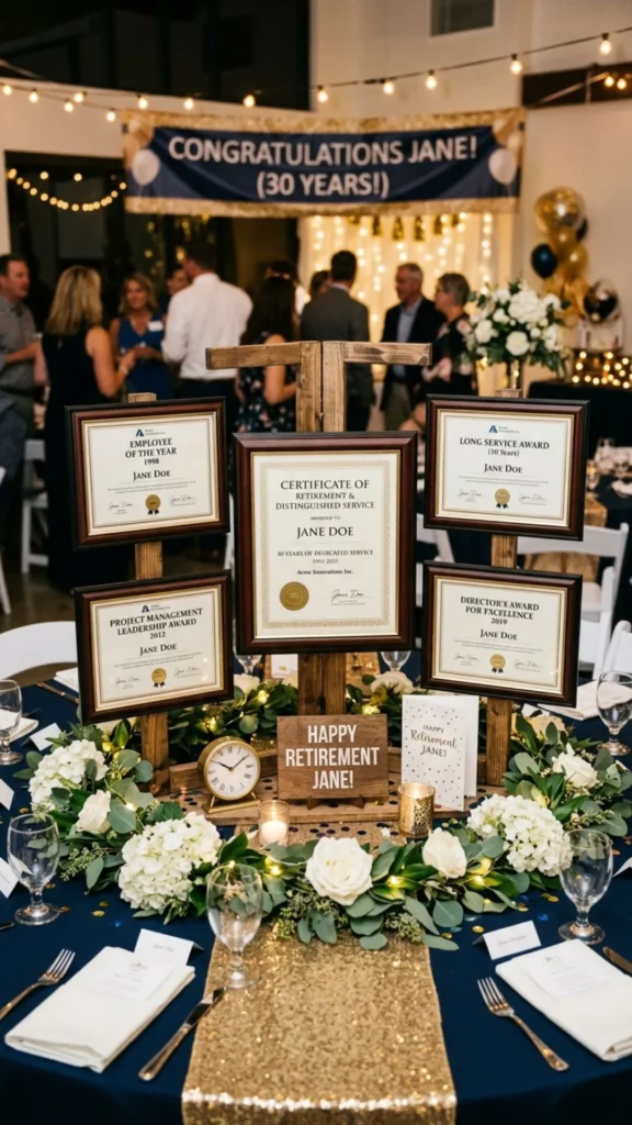 Retirement centerpiece displaying framed career achievements with floral accents.