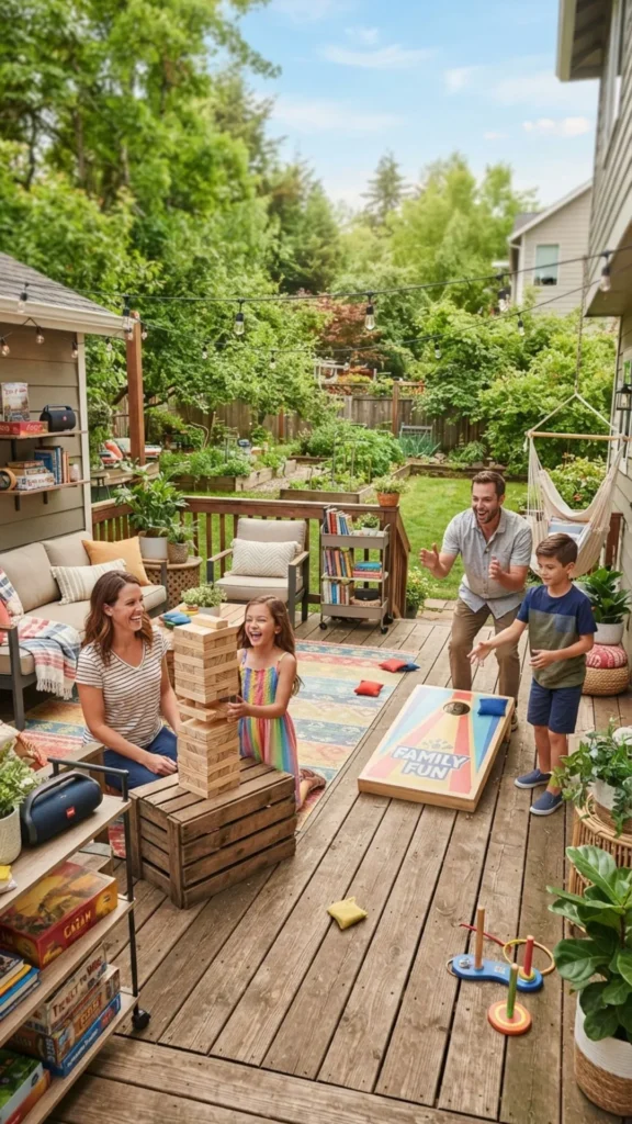 Outdoor games setup creating fun family entertainment on the summer deck.