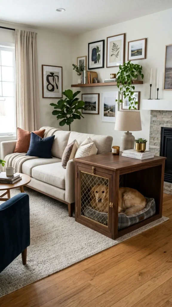 Furniture-style DIY dog crate with modern design that blends beautifully into a stylish living room