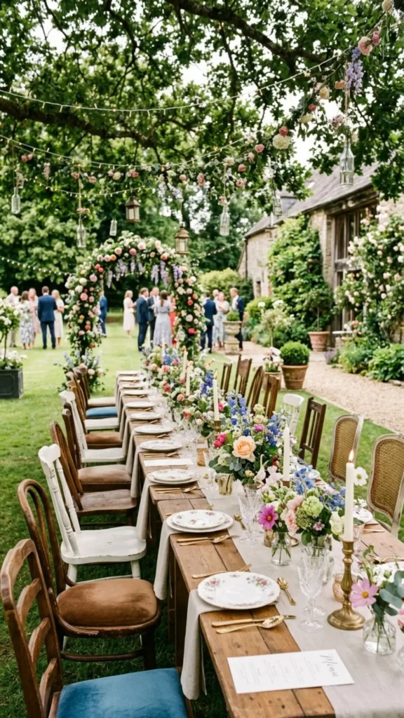 Garden wedding decor vintage chairs