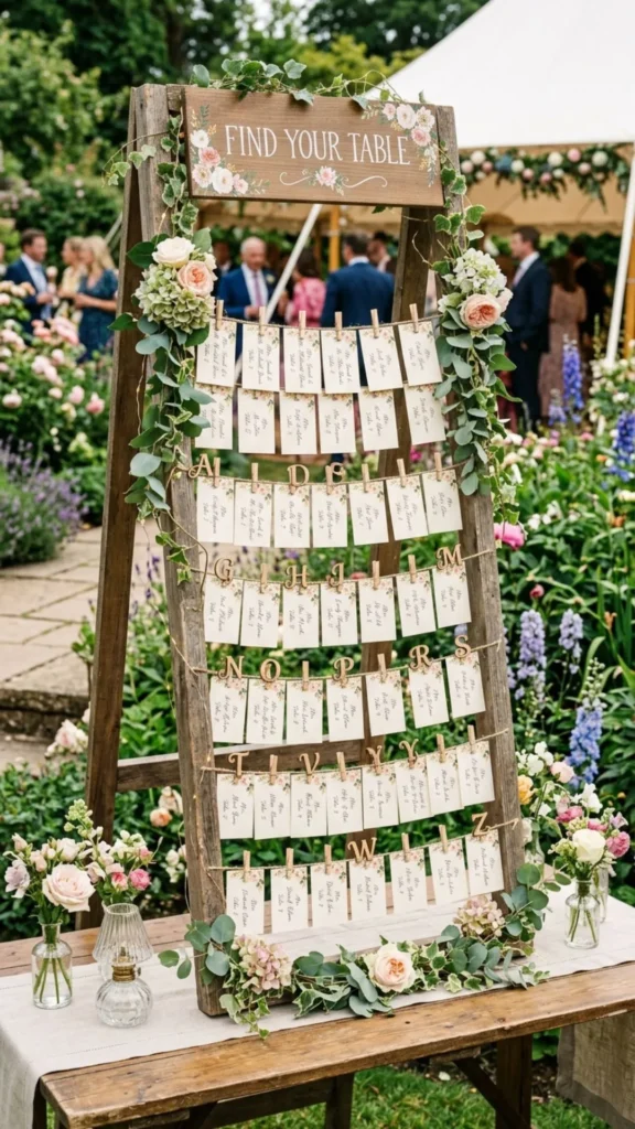 Garden wedding escort card display