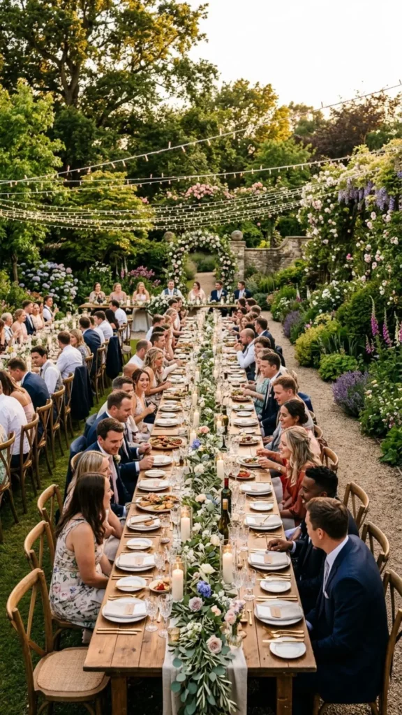 Garden wedding reception wooden tables
