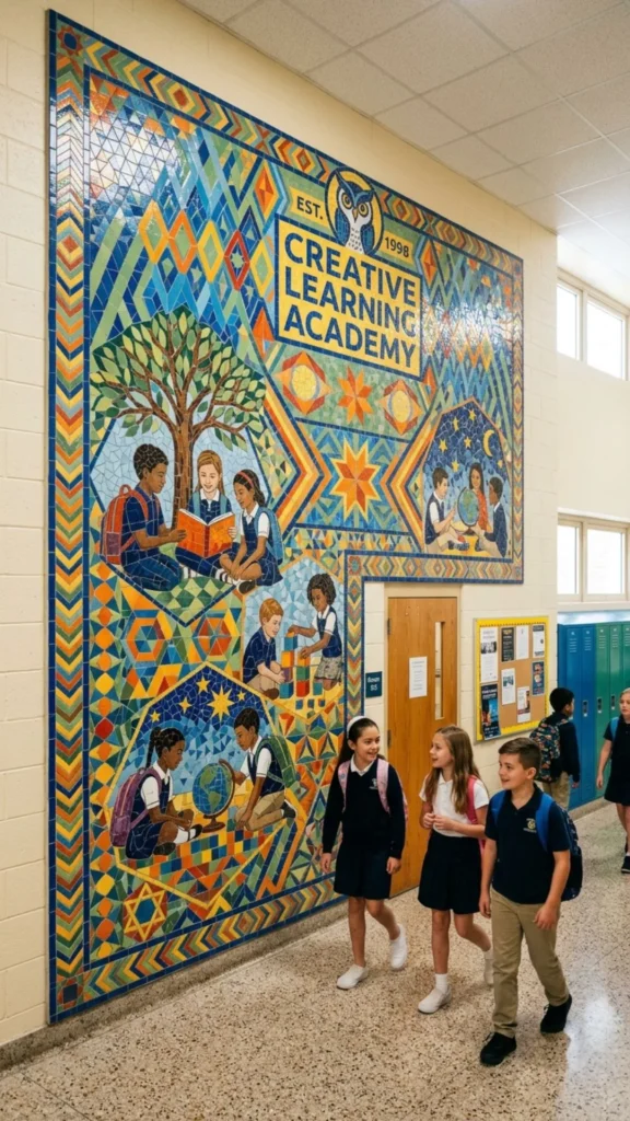 Geometric tile mosaic featuring bold shapes and colorful school decor.