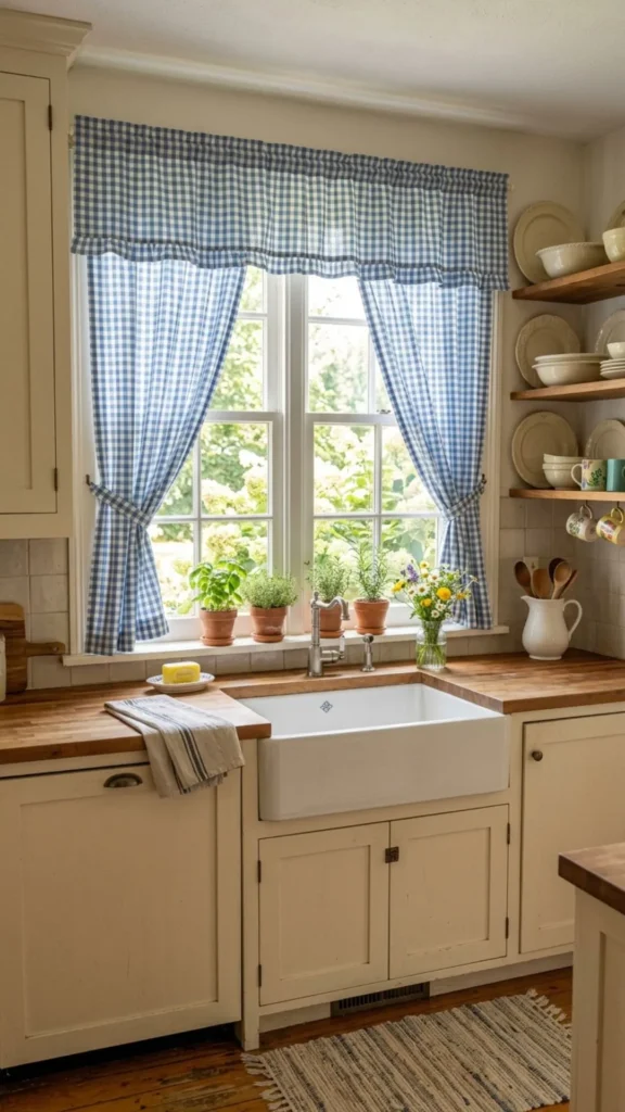 Cozy gingham kitchen curtain adding classic farmhouse charm to cottage style summer decorating.