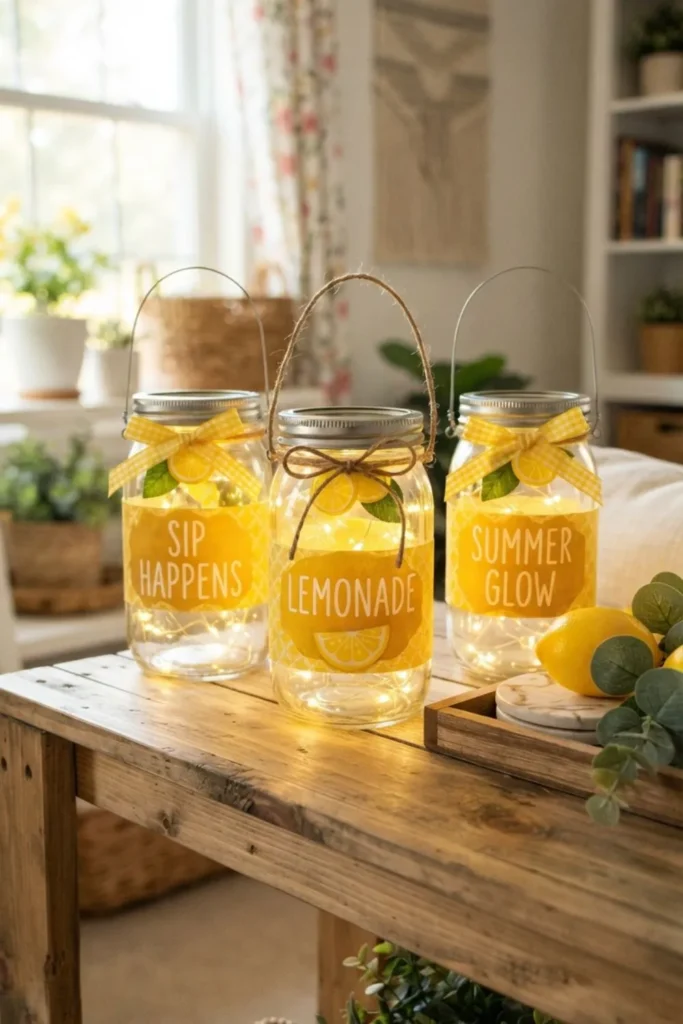 Decorative glass jar lanterns with lemon accents and soft LED candlelight for summer decor.
