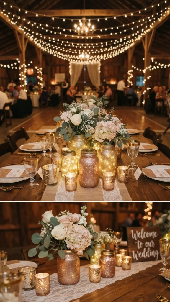 Glittered mason jars with candles and florals bring sparkling glamour to wedding reception decor.
