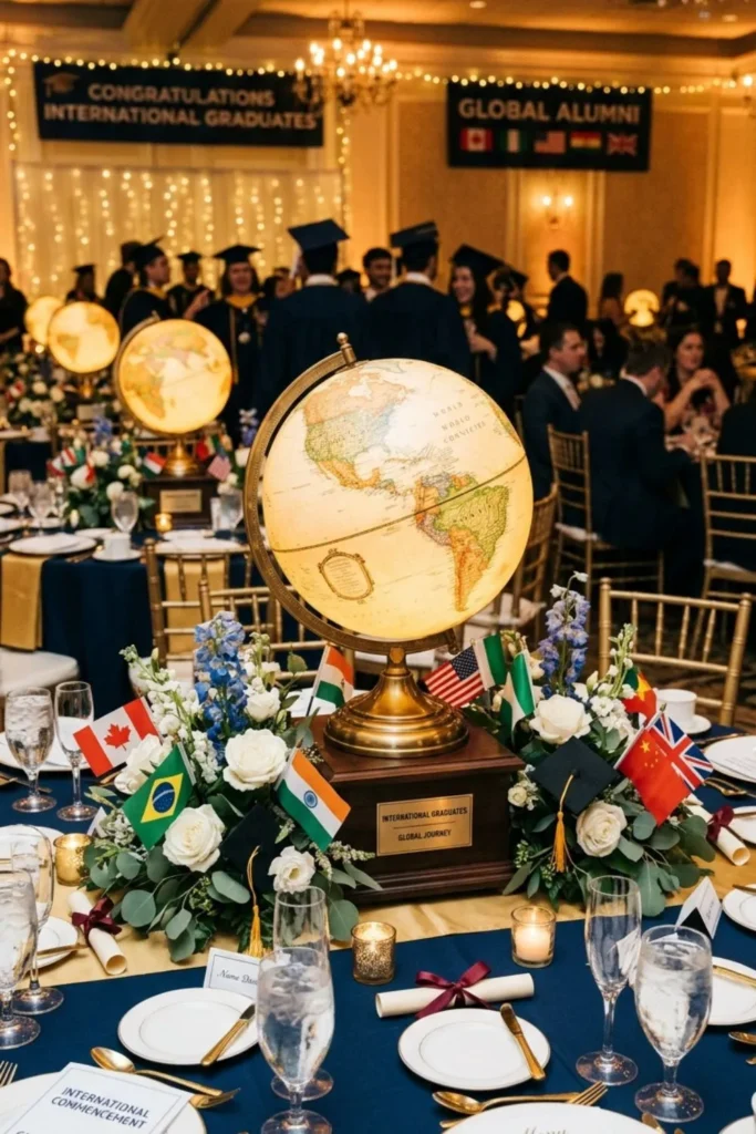 Globe centerpiece celebrating international graduate achievements and journeys