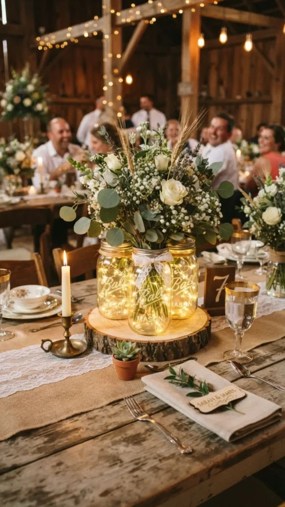 Rustic farmhouse mason jars with candles, burlap, and greenery create a cozy vintage-inspired display.