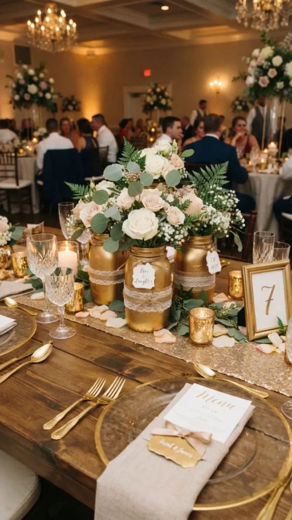 Gold-painted mason jars with white flowers add luxurious metallic elegance to wedding tables.