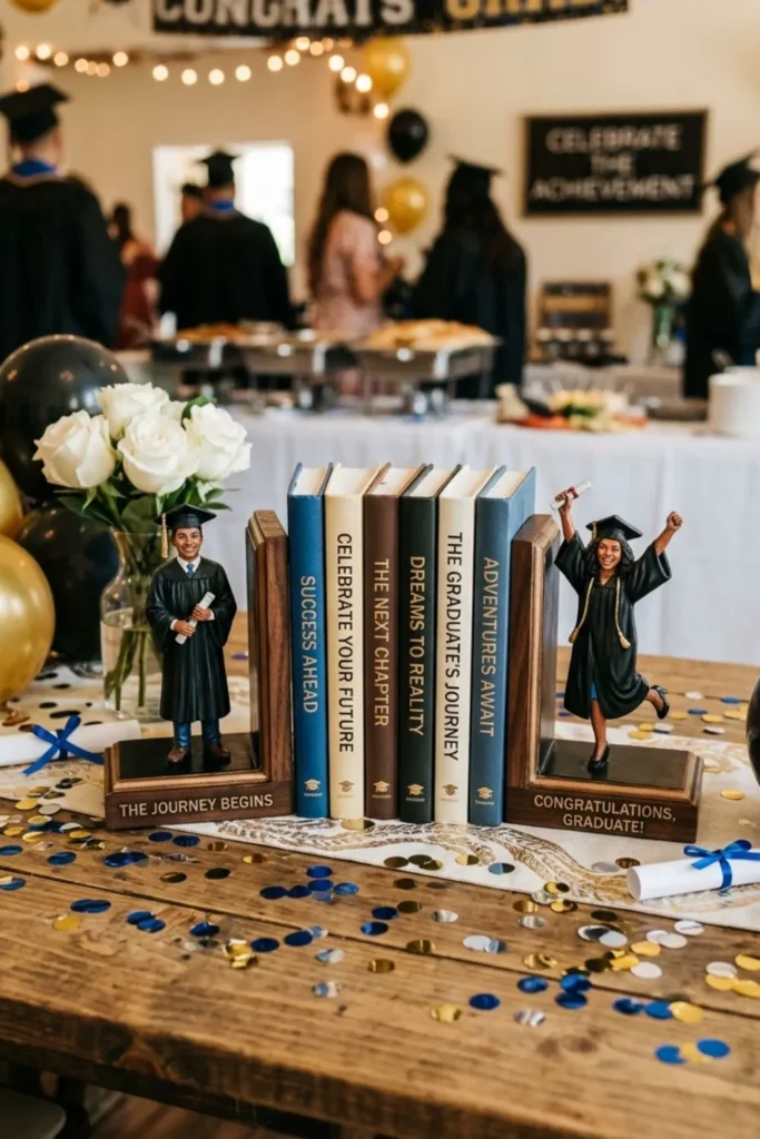 Elegant graduation bookends centerpiece with academic table decorations