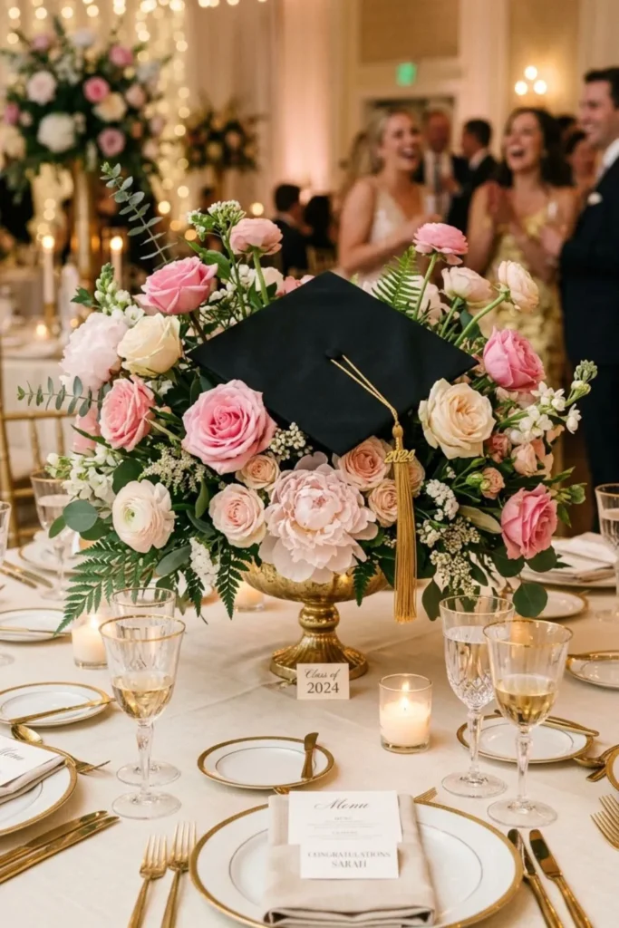  Elegant graduation cap floral centerpiece with fresh flowers