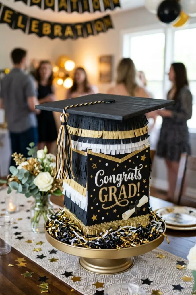 Fun graduation cap pinata centerpiece for party tables