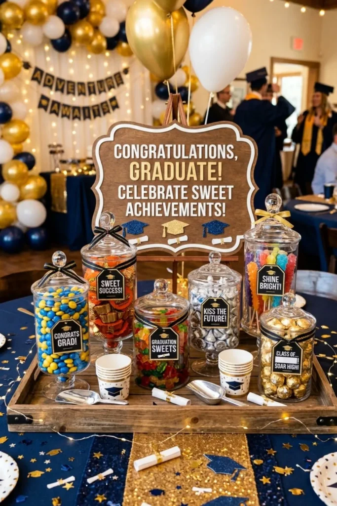 Colorful graduation candy bar centerpiece with themed treats