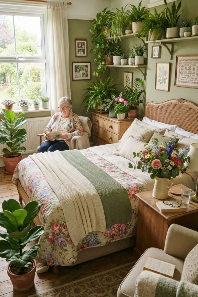 Fresh flowers and potted plants bringing life to a bright coastal bedroom.
