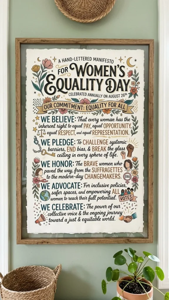 Bold hand-lettered manifesto featuring powerful messages about women’s equality.