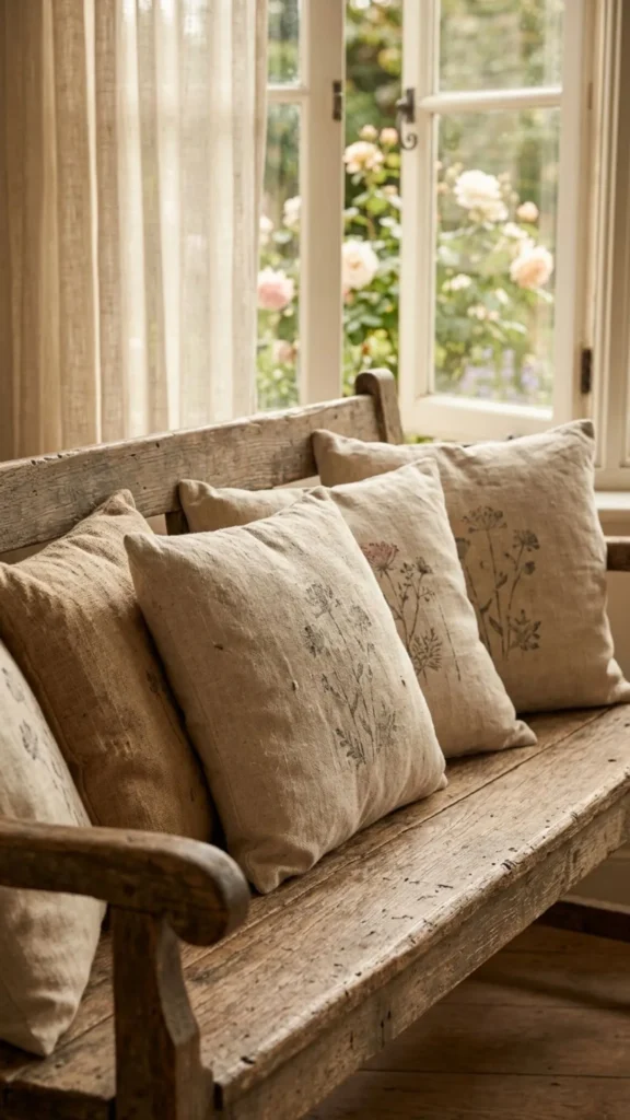 Rustic handmade sack cloth cushions adding natural texture and cozy cottage charm to summer home decor.